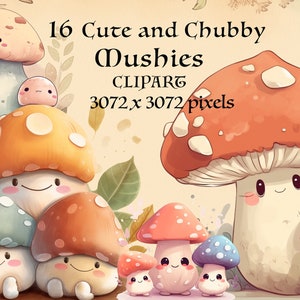 16 cliparts de champignons mignons et potelés. Champignon vénéneux kawaii. Façon Japon. Téléchargement instantané PNG