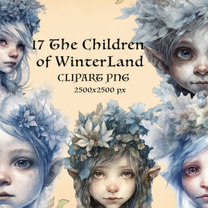 Könnte beinhalten: Vier digitale Illustrationen von Kindern mit blauen Augen und weißen Haaren, die Blumenkränze tragen. Die Kinder haben ein winterliches, ätherisches Aussehen. Der Text "17 The Children of WinterLand CLIPART PNG 2500x2500 px" ist im Bild sichtbar.
