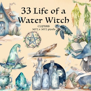 33 La vida de una bruja del agua PNG. Brujería marina, imágenes prediseñadas paganas Wicca. Magia elemental del océano. Paquete pagano de fantasía de descarga instantánea.