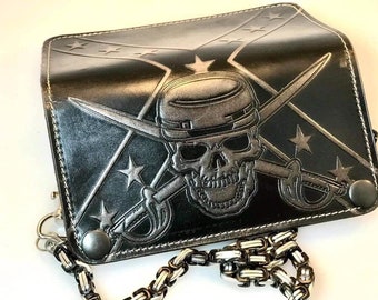 Handmade Leather Biker Chain Wallet, Skull & Crossed Swords Embossed, Old School Rocker Wallet, Men’s Long Wallet with Chain, Black