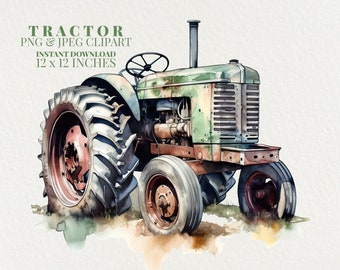 Farm Tractor Watercolor PNG Commercial Use Clip Art, Green Tractor Clipart PNG, POD Allowed, Farming Vehicles Watercolor Illustration