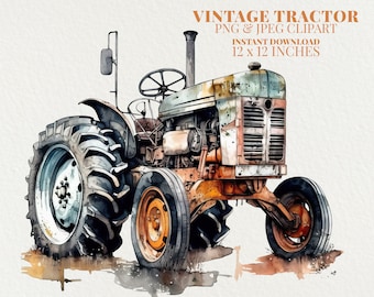 Vintage Farm Tractor Watercolor PNG Commercial Use Clip Art, Tractor Clipart PNG, POD Allowed, Farming Vehicles Watercolor Illustration