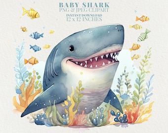 Baby Shark Watercolor PNG Commercial Use Clip Art, Baby Shark Birthday Clipart PNG, POD Allowed, Birthday Card Baby Shark Illustration