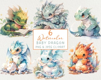 Cute Fantasy Dragon Watercolor PNG Commercial Use Clip Art, 6 High Quality Clipart PNGs, Anime Baby Dragon Kawaii Junk Journal Scrapbooking