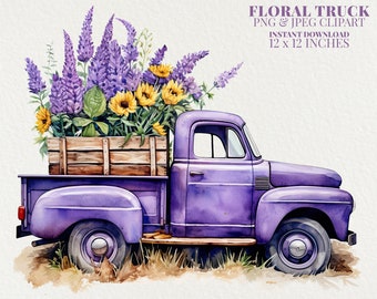 Lavender Floral Truck Watercolor PNG Commercial Use Clip Art, Sunflower Pickup Truck Clipart PNG, Truck With Flowers, Spring Sublimation PNG