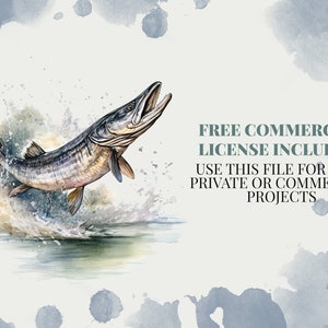 Musky Watercolor PNG Commercial Use Clip Art, Muskie Clipart PNG, Digital Art Clipart, POD Allowed, Sublimation Diy Crafts, Muskellunge image 2