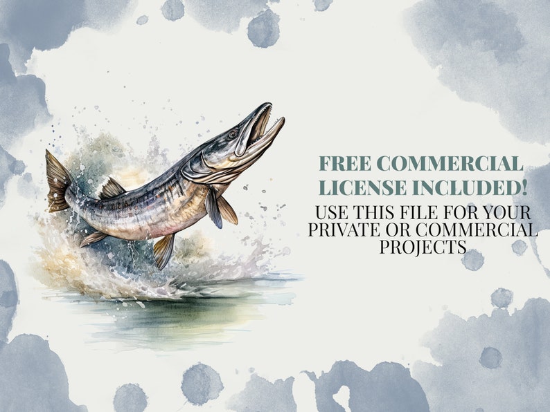 Musky Watercolor PNG Commercial Use Clip Art, Muskie Clipart PNG, Digital Art Clipart, POD Allowed, Sublimation Diy Crafts, Muskellunge image 2