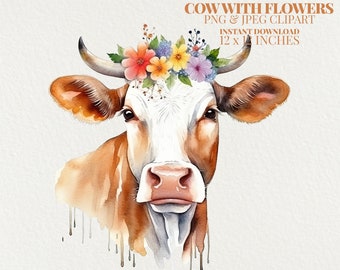 Cow With Flowers Watercolor PNG Commercial Use Clip Art, Cow Clipart PNG, Digital Farm Art Clipart, POD Allowed, Sublimation Diy Crafts Art