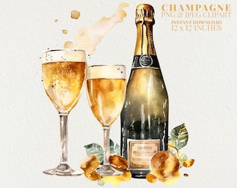 Champagne Watercolor PNG Commercial Use Clip Art, Floral Wedding Clipart PNG, Wedding Drink, Wedding Invitation, Wedding Champagne Glasses