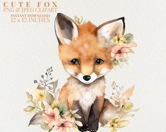 Cute Fox Watercolor PNG Commercial Use Clip Art, Baby Fox Flower Clipart PNG, Nursery Decor Clipart, POD Allowed, Sublimation Diy Art Crafts