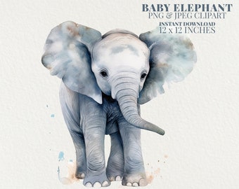 Baby Elephant Watercolor PNG Commercial Use Clip Art, Elephant Clipart PNG, Nursery Decor Clipart, POD Allowed, Sublimation Diy Art Crafts
