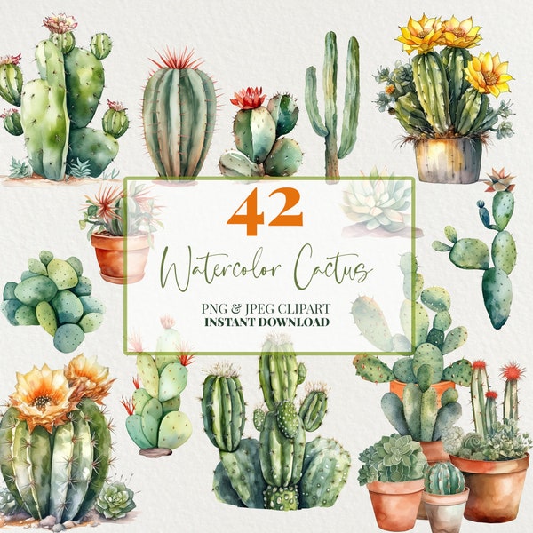Watercolor Cactus Clip Art Bundle PNG Commercial Use, Set Of 42 High Quality Clipart PNGs, Desert Cacti Clipart, Cactus Plant Terracotta PNG