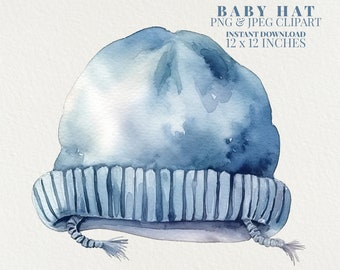 Blue Baby Hat Watercolor PNG Commercial Use Clip Art, Baby Shower PNG, POD Allowed, Baby Bonnet Boys Watercolor Illustration Clipart