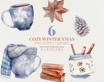Set of 6 Winter Christmas Watercolor PNGs Commercial Use Clip Art, Xmas Clipart PNG, Cozy Winter Watercolor Coffee Mug Png, Cocoa Cinnamon