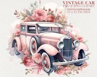 Vintage Pink Wedding Car Watercolor PNG Commercial Use Clip Art, Wedding Clipart PNG, Sublimation Diy Crafts, Love Clipart, POD Allowed