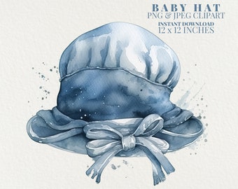 Blue Baby Hat Watercolor PNG Commercial Use Clip Art, Baby Shower PNG, POD Allowed, Baby Bonnet Boys Watercolor Illustration Clipart