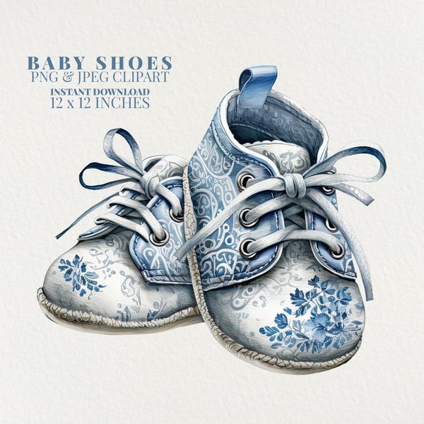 Blue Baby Shoes Watercolor PNG Commercial Use Clip Art, Baby Shower PNG, POD Allowed, Baby Sneaker Boys Watercolor Illustration Clipart