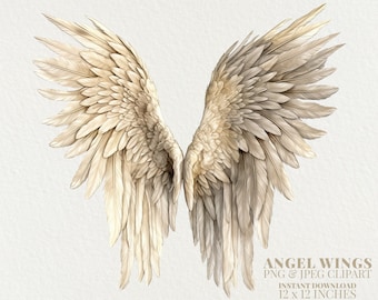 Angel Wings Watercolor PNG Commercial Use Clip Art, Angelic Wings PNG, POD Allowed, Beige Feather Wings Watercolor Illustration Clipart