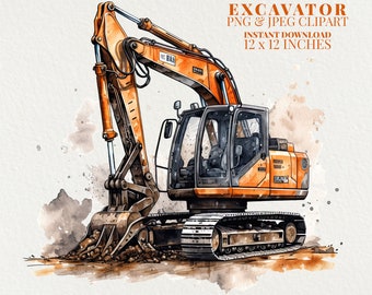 Excavator Watercolor PNG Commercial Use Clip Art, Construction Clipart PNG, POD Allowed, Heavy Machinery Vehicle Watercolor Illustration