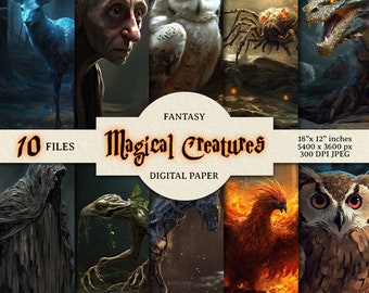 Magical Creatures Digital Paper Commercial Use, Wizard Pets JPEG Digital Scrapbooking, Fantasy Scrapbook, Phoenix Dragon Owl Junk Journal