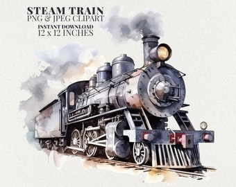 Steam Train Watercolor PNG Commercial Use Clip Art, Locomotive Train Clipart PNG, Digital Art Clipart, POD Allowed, Sublimation, Diy Crafts