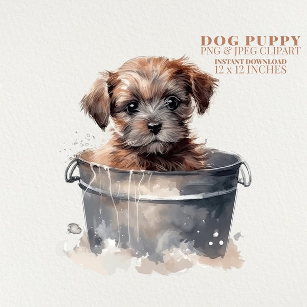 Cute Dog Puppy in a Bucket Watercolor PNG Commercial Use Clip Art, Dog Clipart PNG, Digital Pup Art Clipart, POD Allowed, Sublimation Diy