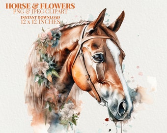 Horse Watercolor PNG Commercial Use Clip Art, Horse and Flowers Art Clipart PNG, Digital Art Clipart, POD Allowed, Sublimation Diy Crafts