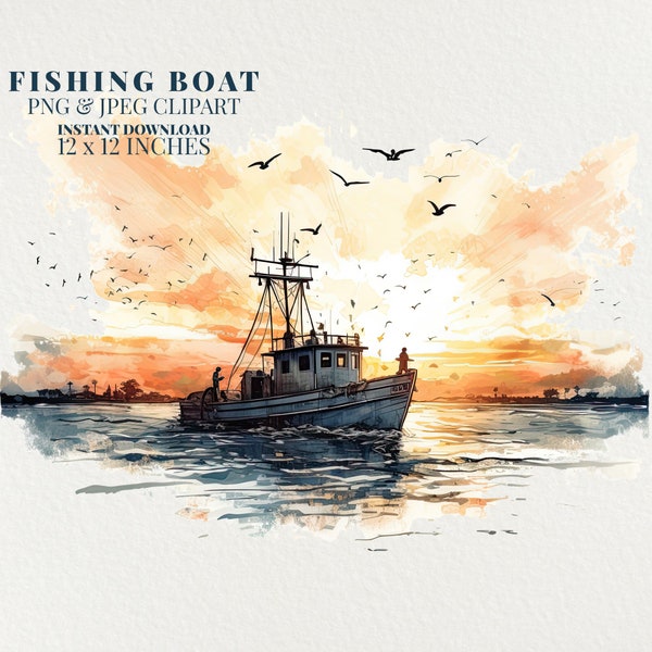 Fishing Boat Watercolor PNG Commercial Use Clip Art, Fisherman Clipart PNG, Small Boat PNG, Sublimation Diy Crafts, Fishing Boat Png