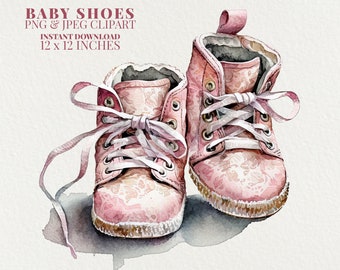 Pink Baby Shoes Watercolor PNG Commercial Use Clip Art, Baby Shower PNG, POD Allowed, Gender Reveal Girls Watercolor Illustration Clipart