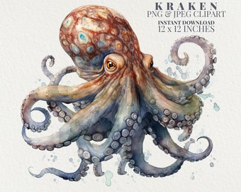 Kraken Watercolor PNG Commercial Use Clip Art, Sea Art Clipart PNG, Ocean Clipart, POD Allowed, Sublimation Diy Crafts, Octopus Clipart Png