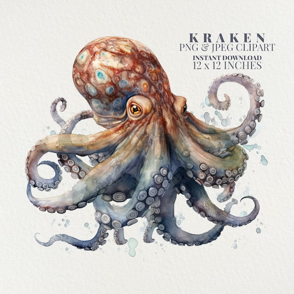 Kraken Watercolor PNG Commercial Use Clip Art, Sea Art Clipart PNG, Ocean Clipart, POD Allowed, Sublimation Diy Crafts, Octopus Clipart Png