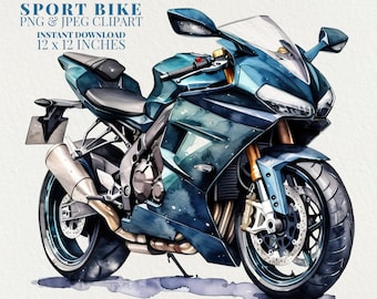 Sport Bike Watercolor PNG Commercial Use Clip Art, Blue Motorcycle Clipart PNG, POD Allowed, Superbike Vehicle Watercolor Illustration