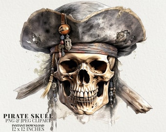 Pirate Skull Watercolor PNG Commercial Use Clip Art, Pirate Hat PNG, Pirate Watercolor Illustration, Pirate Skull Clipart, Skull and Bones