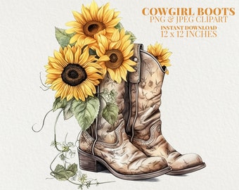 May include: A pair of light brown cowgirl boots with a subtle floral pattern, adorned with large yellow sunflowers and green leaves. The text reads COWGIRL BOOTS PNG & JPEG CLIPART INSTANT DOWNLOAD 12 x 12 INCHES.