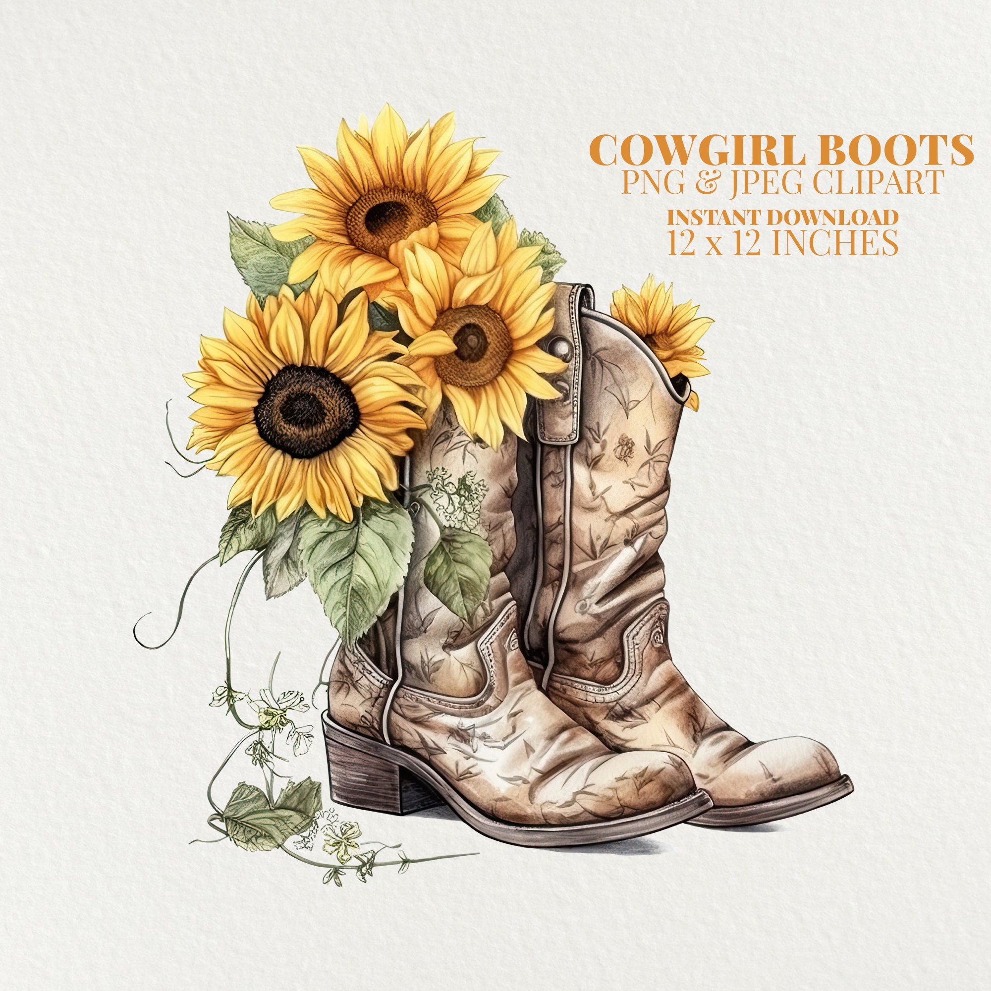 Cowgirl Boots & Sunflower Watercolor PNG Commercial Use Clip Art ...