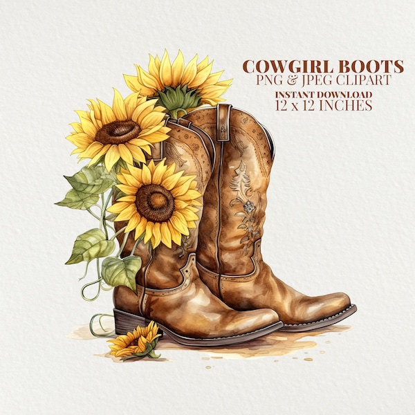 Cowgirl Boots & Sunflower Watercolor PNG Commercial Use Clip Art, Western Clipart PNG, Sunflower Clipart, Diy Crafts, Country Cowboy Png