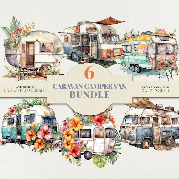 Watercolor Caravan Bundle PNG Commercial Use Clip Art, Camper Van Clipart PNG, Digital Art Clipart, POD Allowed, Mobile Home Diy