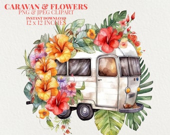 Watercolor Caravan Tropical Flowers PNG Commercial Use Clip Art, Camper Van Clipart PNG, Digital Art Clipart, POD Allowed, Mobile Home Diy