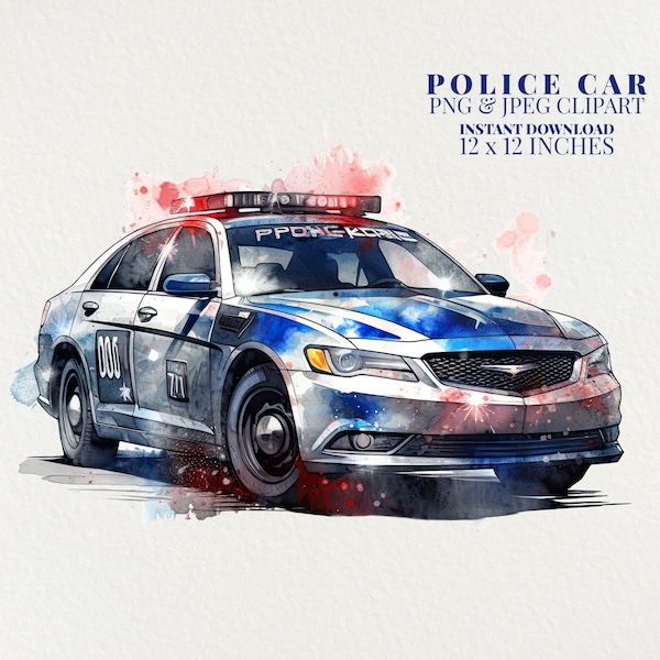 Police Car Watercolor PNG Commercial Use Clip Art, Patrol Car Clipart, Squad Car Watercolor PNG, Cop Car, Police Vehicle, Kids Sublimation