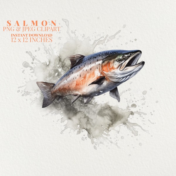 Salmon Watercolor PNG Commercial Use Clip Art, Fish Art Clipart PNG, Digital Art Clipart, POD Allowed, Sublimation Diy Crafts, Fly Fishing