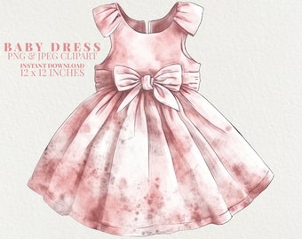 Pink Baby Dress Watercolor PNG Commercial Use Clip Art, Baby Shower PNG, POD Allowed, Baby Garment Girls Watercolor Illustration Clipart