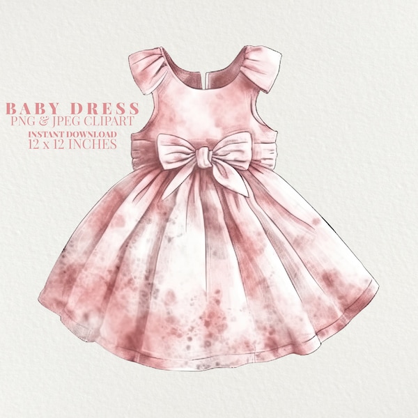 Pink Baby Dress Watercolor PNG Commercial Use Clip Art, Baby Shower PNG, POD Allowed, Baby Garment Girls Watercolor Illustration Clipart