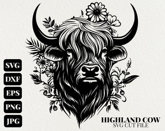 Highland Cow SVG Commercial Use Clip Art, Cow With Flowers Svg PNG, Digital Farm Life Svg Clipart, Cow Face Png, Svg Files For Cricut