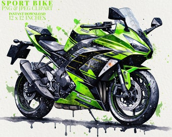 Sport Bike Watercolor PNG Commercial Use Clip Art, Green Motorcycle Clipart PNG, POD Allowed, Superbike Vehicle Watercolor Illustration
