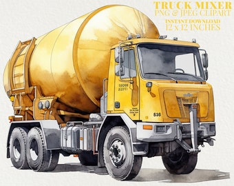 Truck Mixer Watercolor PNG Commercial Use Clip Art, Construction Clipart PNG, POD Allowed, Heavy Machinery Vehicle Watercolor Illustration
