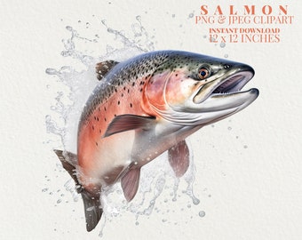 Salmon Watercolor PNG Commercial Use Clip Art, Fish Art Clipart PNG, Digital Art Clipart, POD Allowed, Sublimation Diy Crafts, Fly Fishing