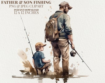 Father & Son Fishing Watercolor PNG Commercial Use Clip Art, Fishing Family Clipart PNG, Father Son Clipart, Sublimation Diy Crafts