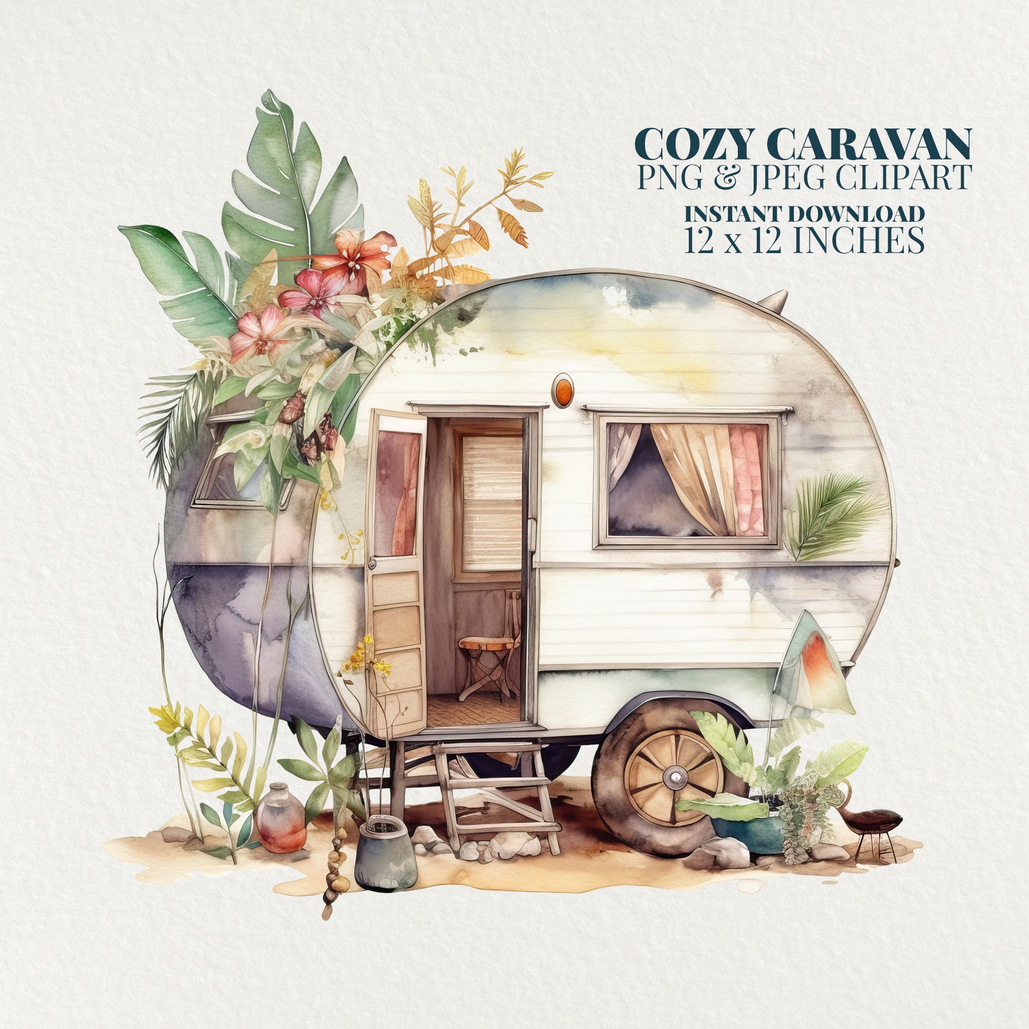 Cozy Watercolor Caravan PNG Commercial Use Clip Art Camper Etsy