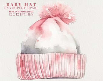 Pink Baby Hat Watercolor PNG Commercial Use Clip Art, Baby Shower PNG, POD Allowed, Baby Bonnet Girls Watercolor Illustration Clipart
