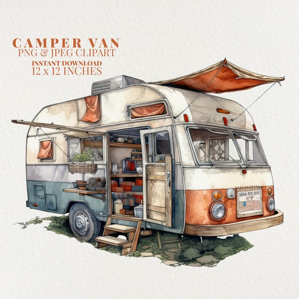 Cozy Watercolor Caravan PNG Commercial Use Clip Art, Camper Van Clipart PNG, Digital Art Clipart, POD Allowed, Mobile Home Art Diy Crafts